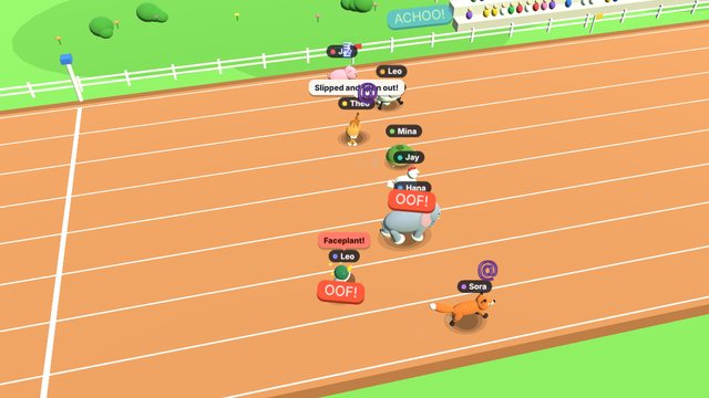 Cartoon 3D animals racing on a clay track, one elephant mid-faceplant with an OOF! sign