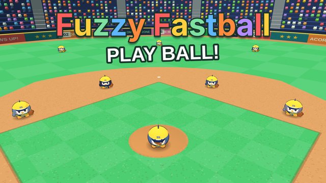 Fuzzy Fastball logo over a 3D ballpark with round penguin fielders in yellow caps