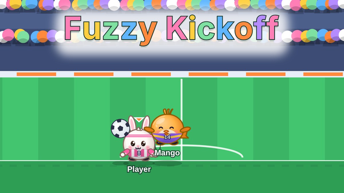 Fuzzy Kickoff logo over a stadium where a bunny in a pink kit and an orange bird chase a soccer ball