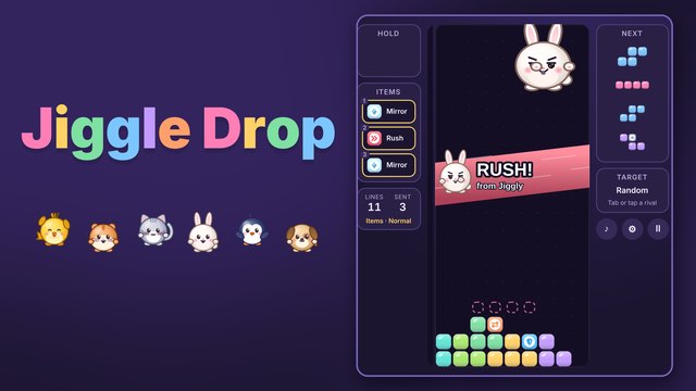 Jiggle Drop logo with six cute buddies next to a jelly block board where a rival's RUSH attack is arriving