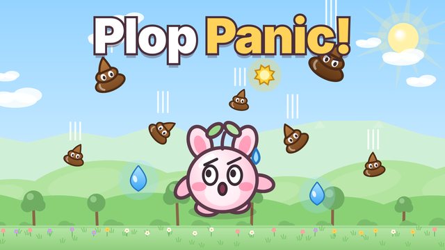 A scared pink sprout looking up as cartoon poops and dew drops fall around it