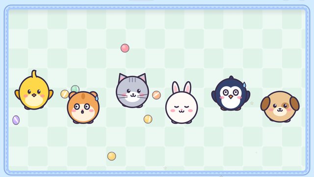 Six round cartoon buddies, a chick, hamster, cat, bunny, penguin and puppy, on a play mat with bouncing balls